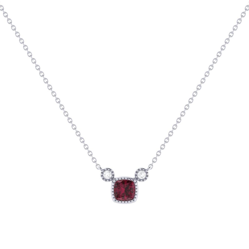 Cushion Cut Ruby & Diamond Birthstone Necklace In 14K White Gold