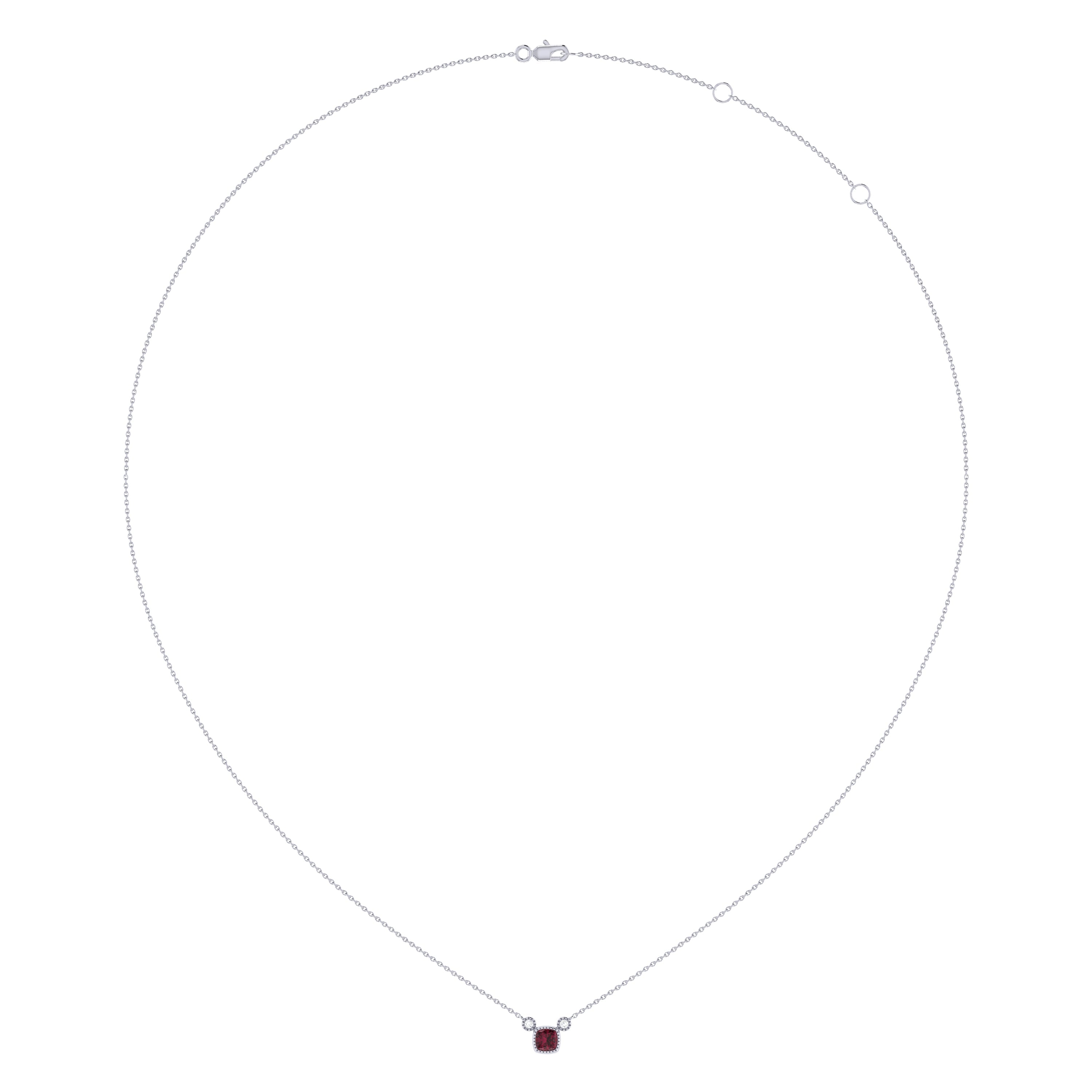 Cushion Cut Ruby & Diamond Birthstone Necklace In 14K White Gold